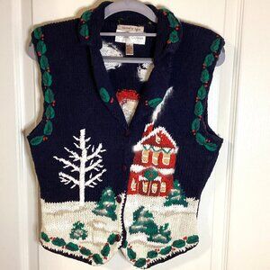 Casual Corner Vintage Christmas Hand Knitted Button Down Vest Size M Santa
